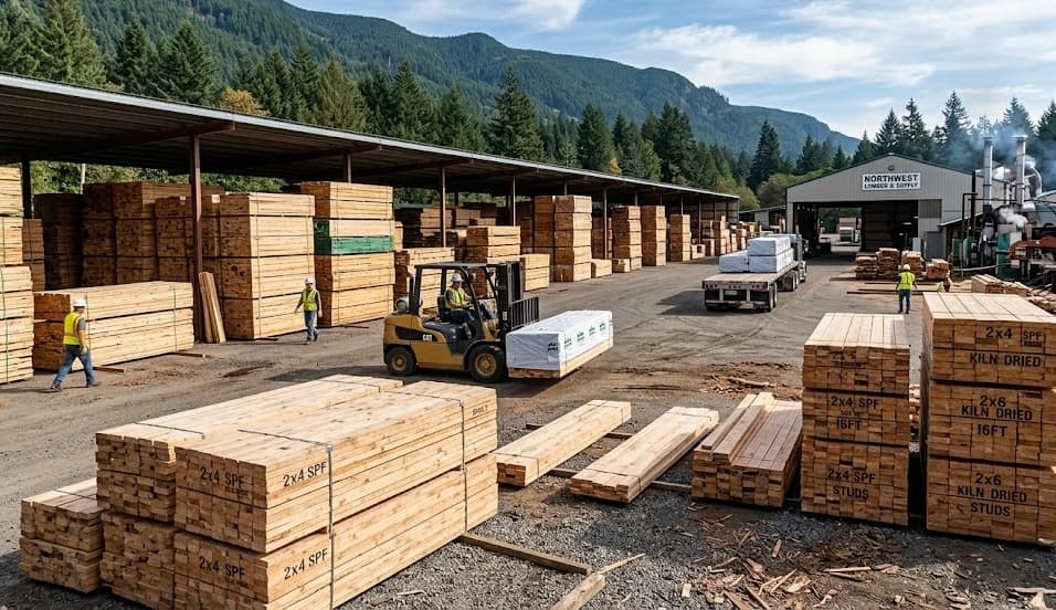 Lumber yard with stacks of reclaimed wood and forklift
