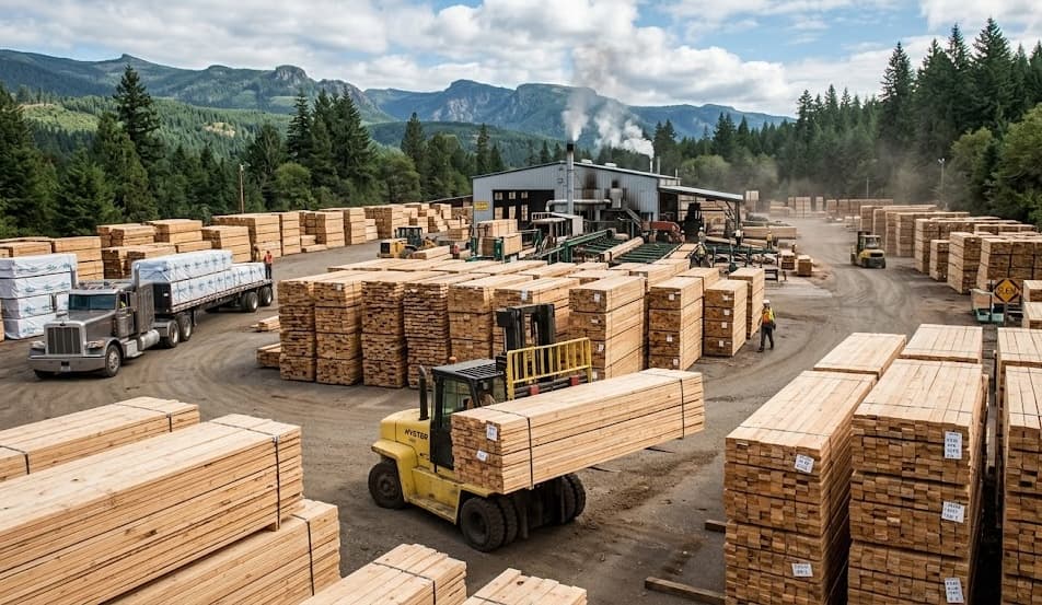 Aerial view of lumber production facility with trucks