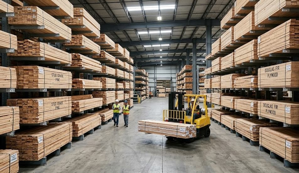 Indoor warehouse with organized lumber on shelving racks