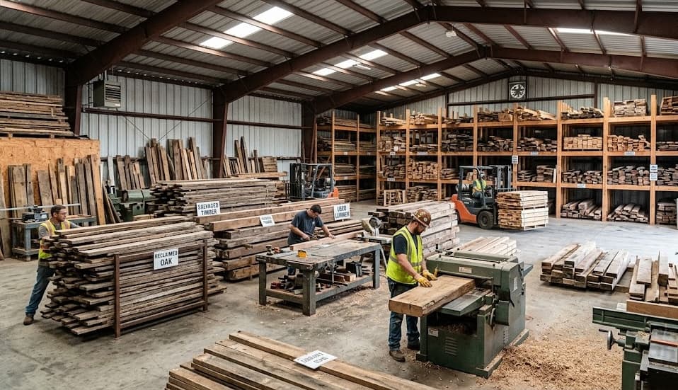 Workshop interior with workers processing reclaimed wood