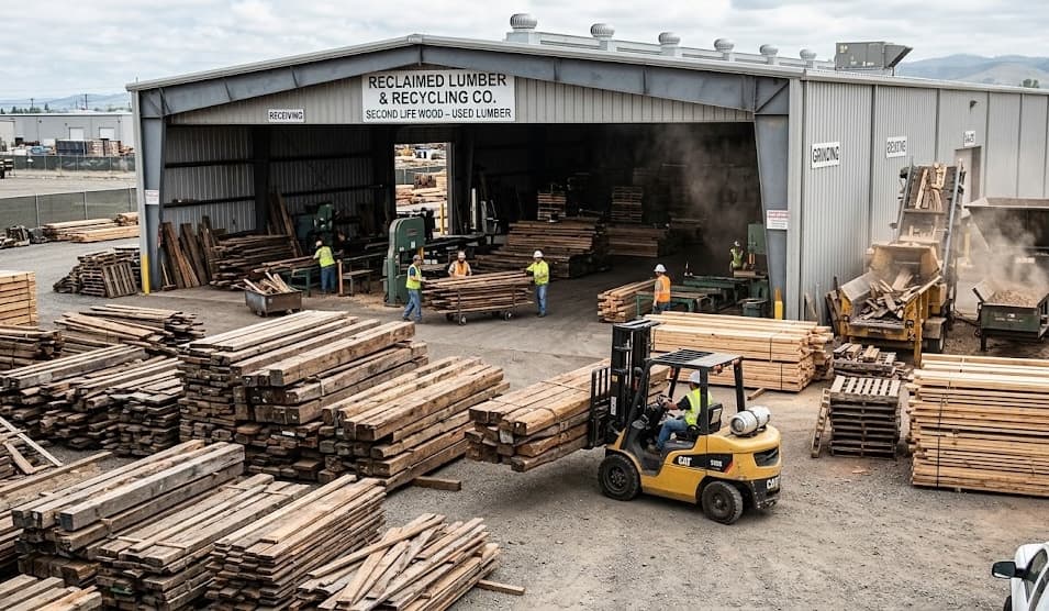Facility exterior with reclaimed lumber operations